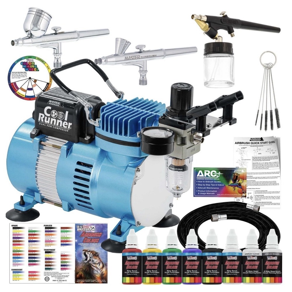 Master 3 Airbrush, Air Compressor & Hose Kit, 6 Primary Colors Acrylic Paint Set